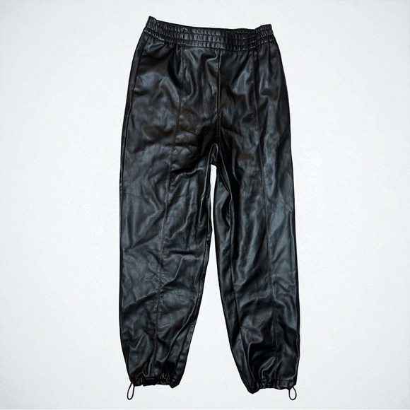 Zara Faux Leather Jogger Pants Black Elastic Waist Drawstring Hem Streetwear - Picture 11 of 12